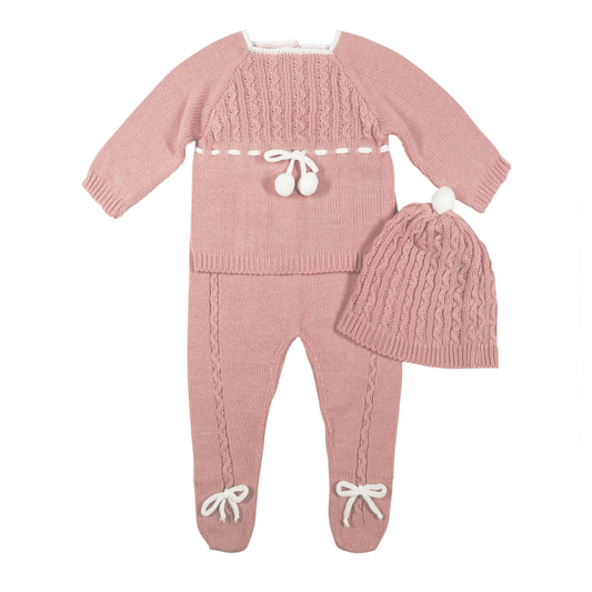 Newborn Baby Knit Outfit, Pompoms (Dusty Rose)