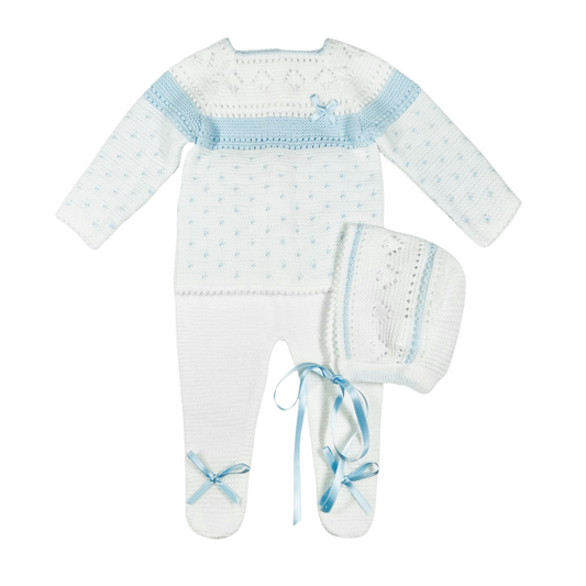 Newborn Baby Knit Outfit, Embossed Leaf (Blue)