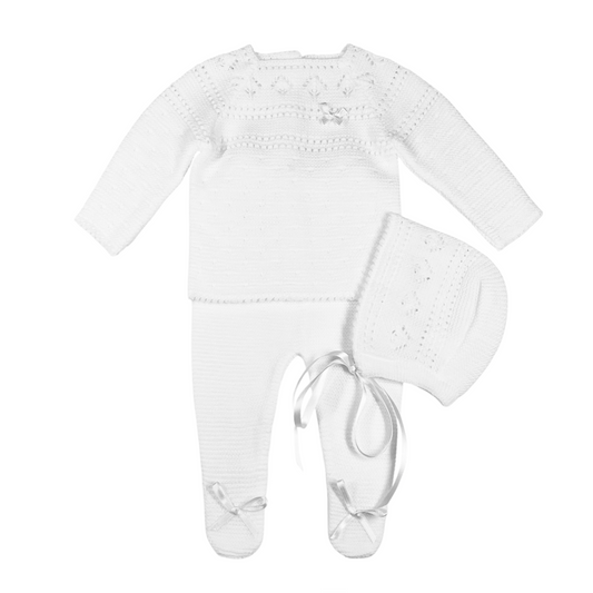 Newborn Baby Knit Outfit, Embossed Leaf (White)