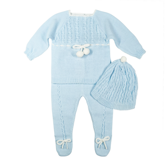 Newborn Baby Knit Outfit, Pompoms (Blue)