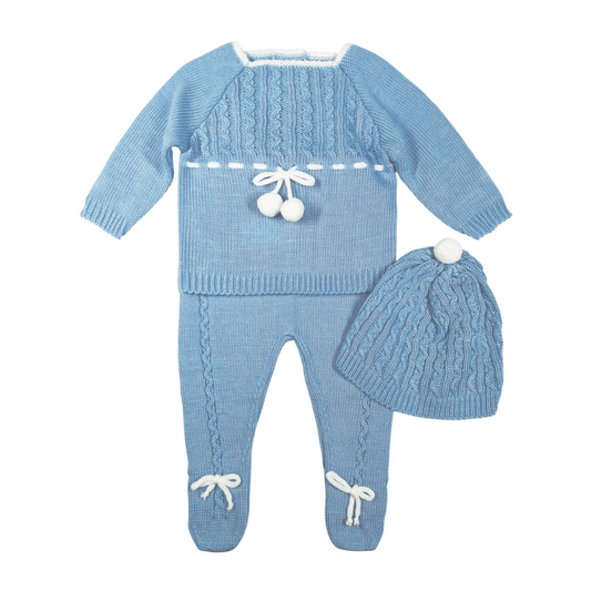 Newborn Baby Knit Outfit, Pompoms (Ocean Blue)