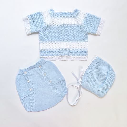 Newborn Baby Knitted Outfit, Short Sleeve, Lace (Blue)