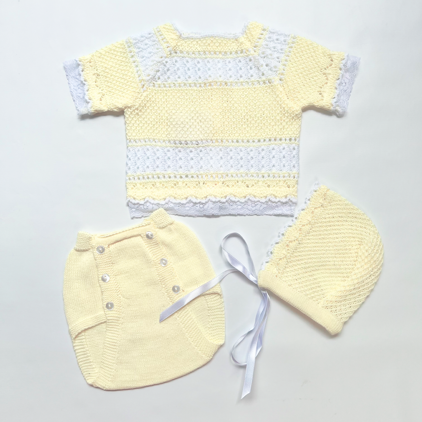 Newborn Baby Knitted Outfit, Short Sleeve, Lace (Yellow)
