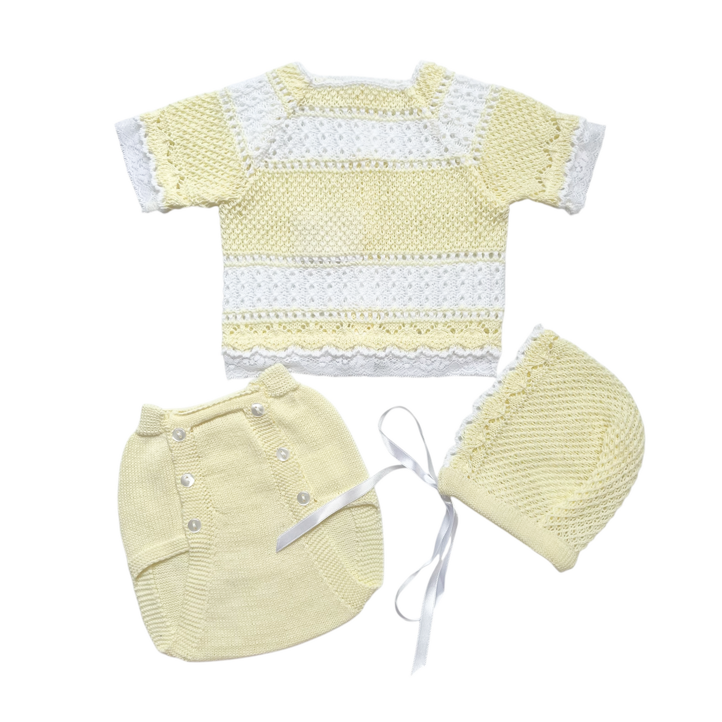Newborn Baby Knitted Outfit, Short Sleeve, Lace (Yellow)