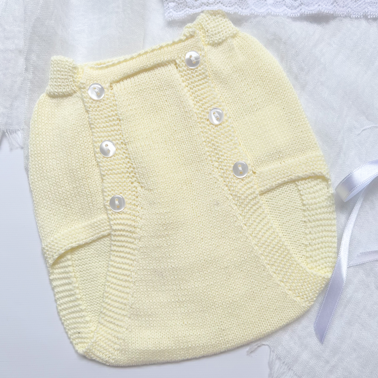 Newborn Baby Knitted Outfit, Short Sleeve, Lace (Yellow)