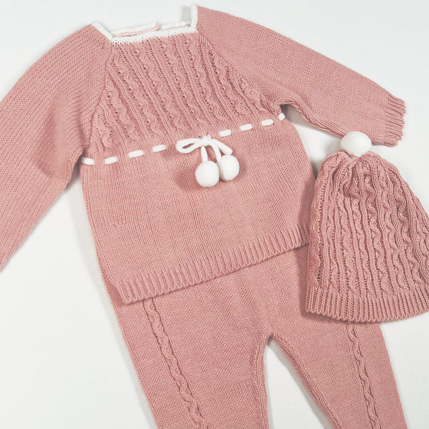 Newborn Baby Knit Outfit, Pompoms (Dusty Rose)