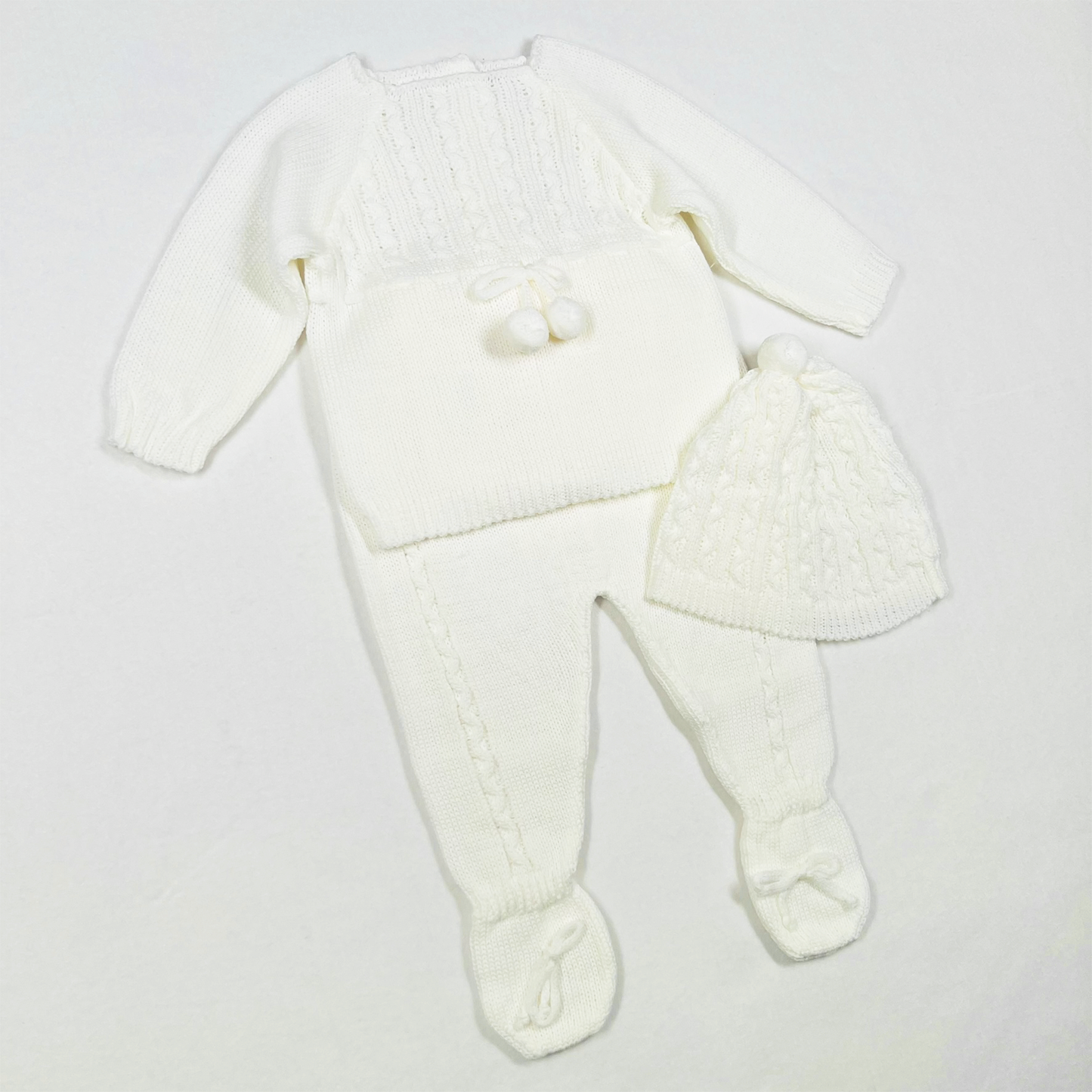 Newborn Baby Knit Outfit, Pompoms (Off-White)