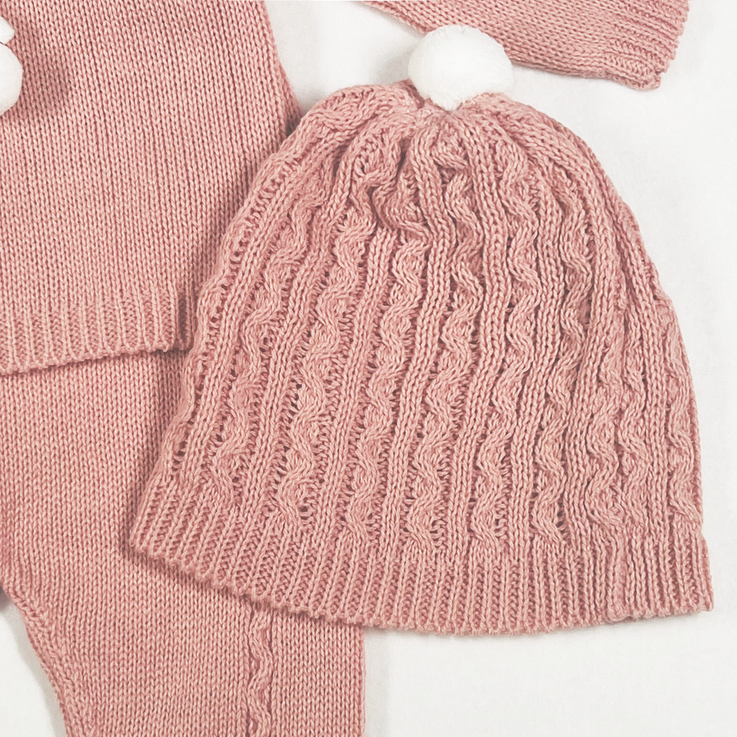 Newborn Baby Knit Outfit, Pompoms (Dusty Rose)