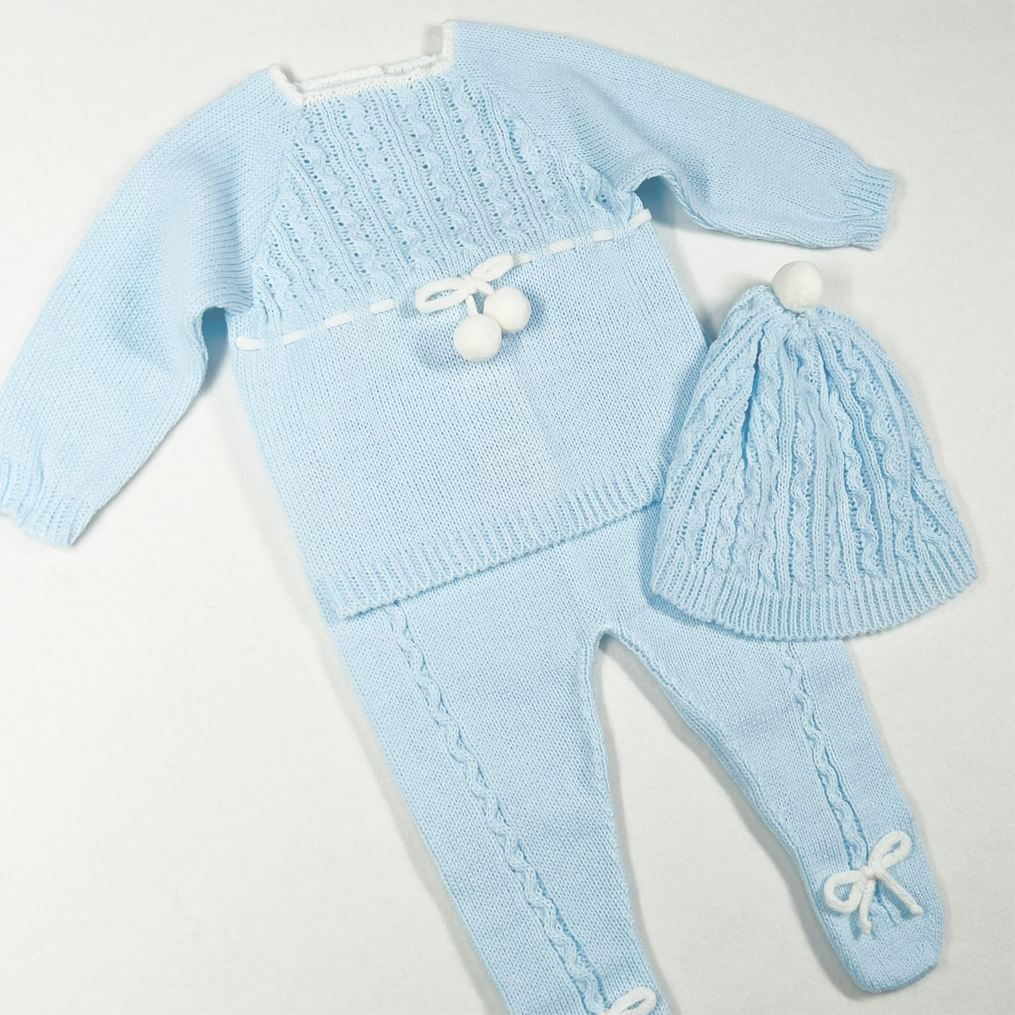 Newborn Baby Knit Outfit, Pompoms (Blue)