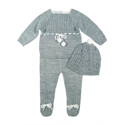 Newborn Baby Knit Outfit, Pompoms (Gray)
