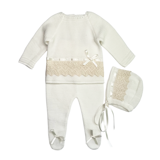 Newborn Baby Knit Outfit, Lace (Beige)