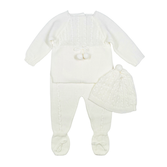 Newborn Baby Knit Outfit, Pompoms (Off-White)