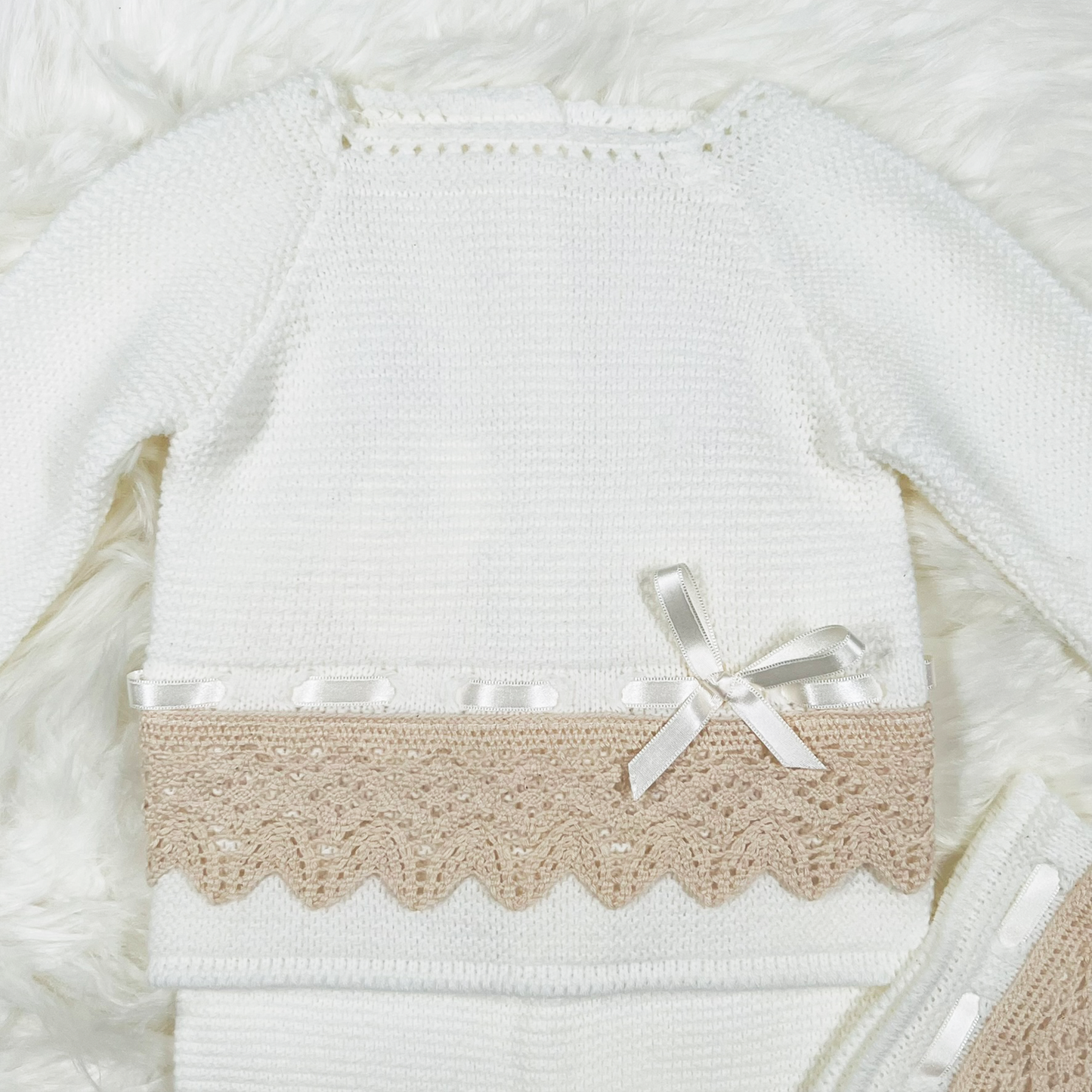 Newborn Baby Beige Knit Lace Outfit 4 pc Set, (1136 Beige Full Set).