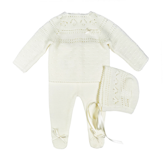 Newborn Baby Knit Outfit, Embossed Leaf (Off-White)