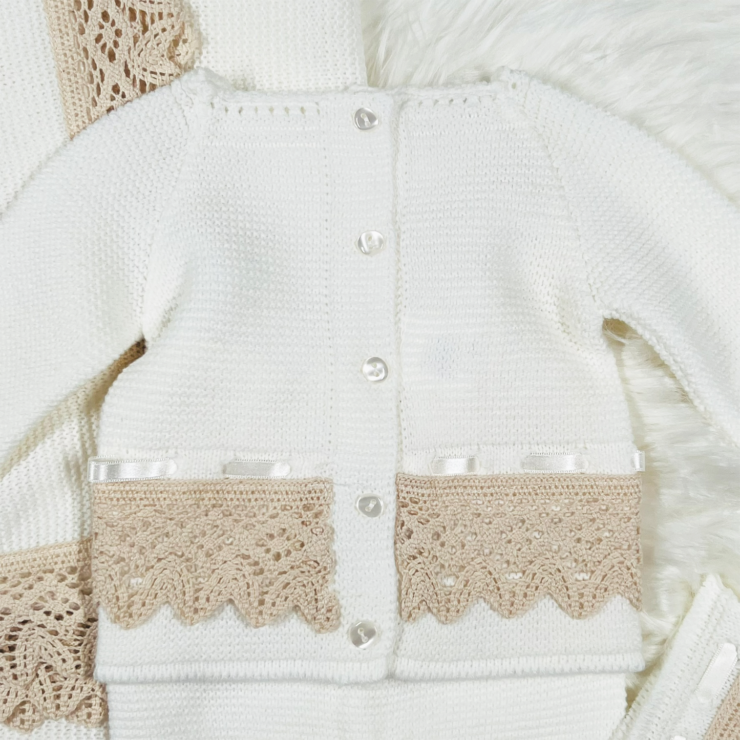 Newborn Baby Beige Knit Lace Outfit 4 pc Set, (1136 Beige Full Set).