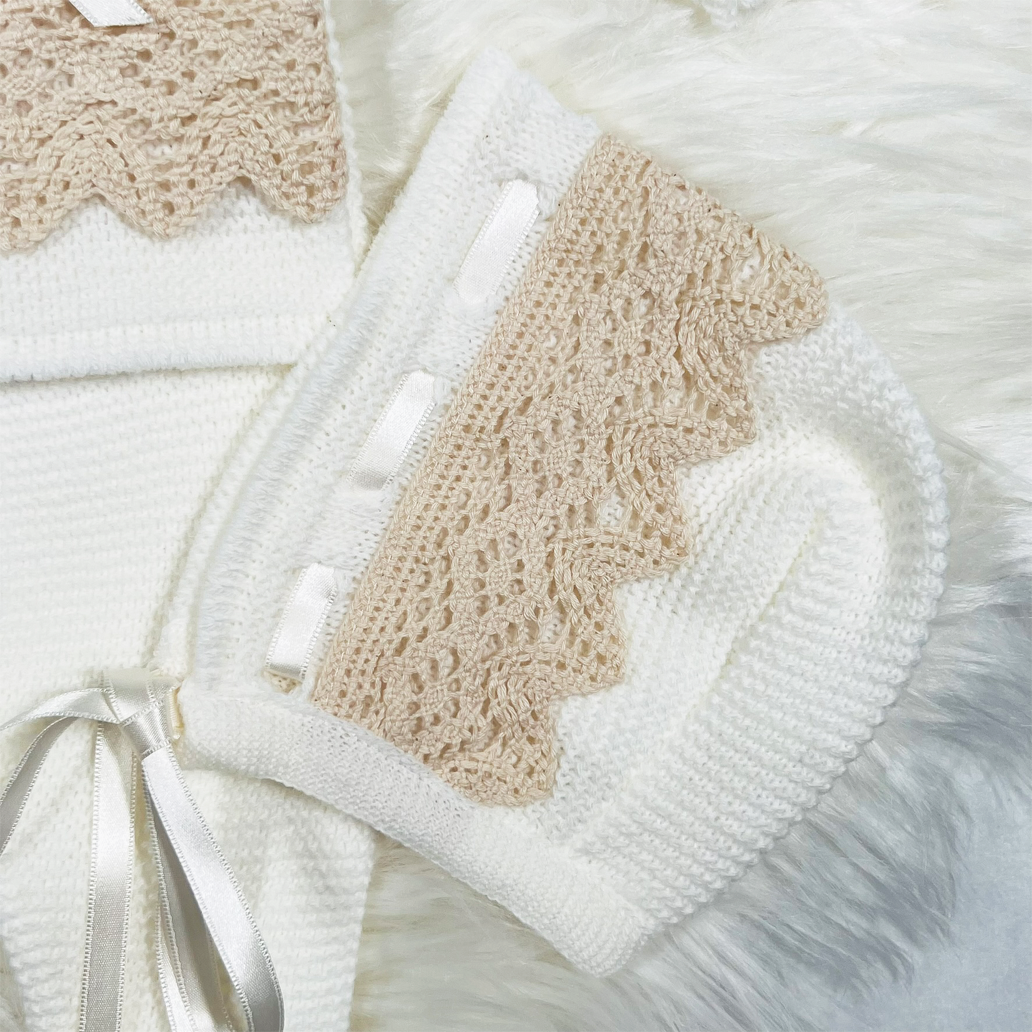 Newborn Baby Beige Knit Lace Outfit 4 pc Set, (1136 Beige Full Set).