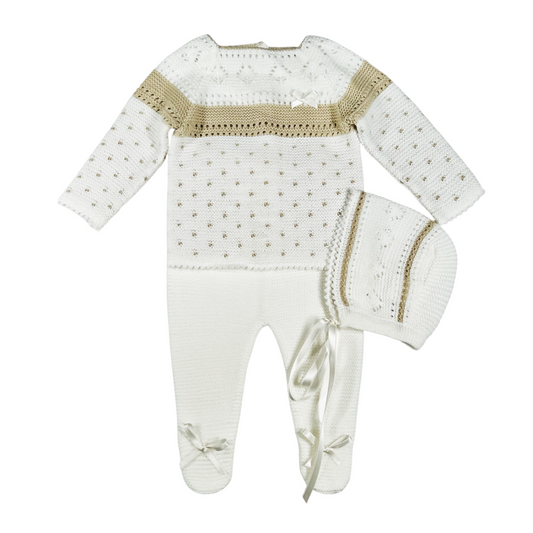 Newborn Baby Knit Outfit, Embossed Leaf (Beige)