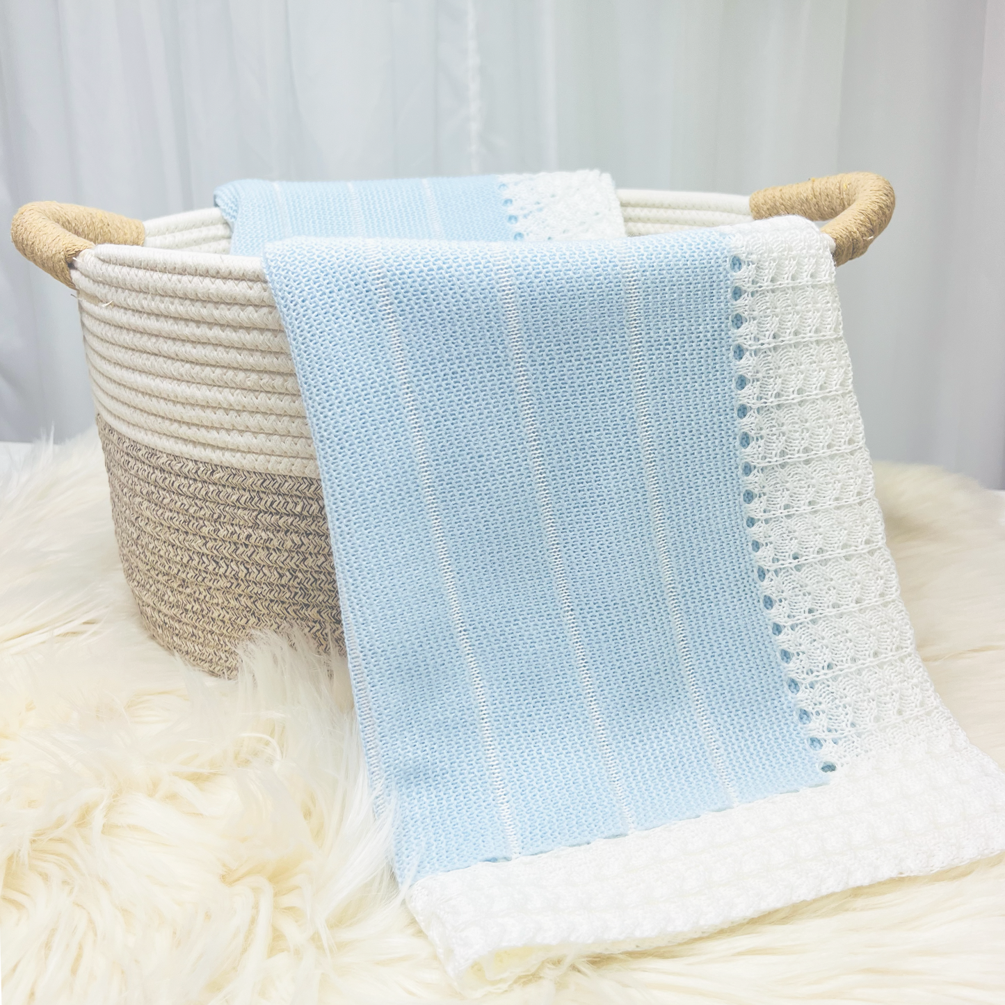 Newborn Baby Knit Blanket, Striped (Light Blue)