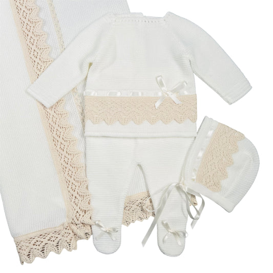 Newborn Baby Knit Outfit 4 pc Set,  Blanket Included. Lace (Beige)