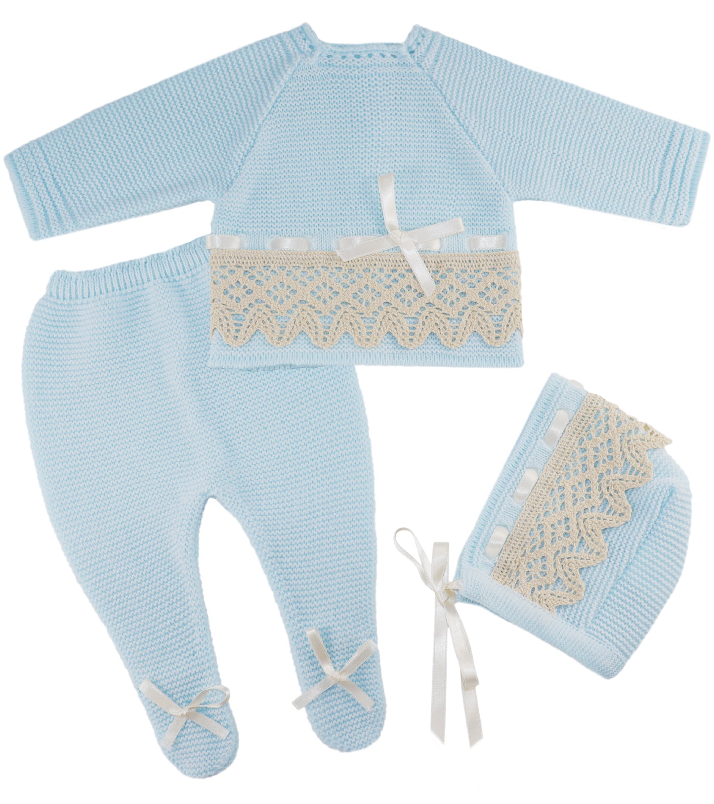 Baby Boys Knitted Clothes Set with Lace, ( Blue/Beige)