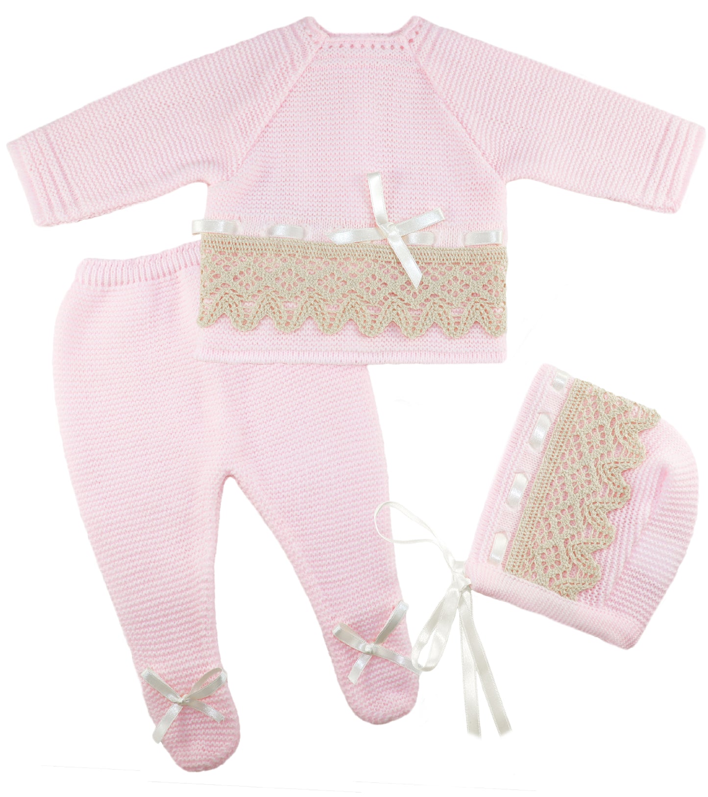 Baby Girls Knitted Clothes Set with Lace, (Pink/Beige)