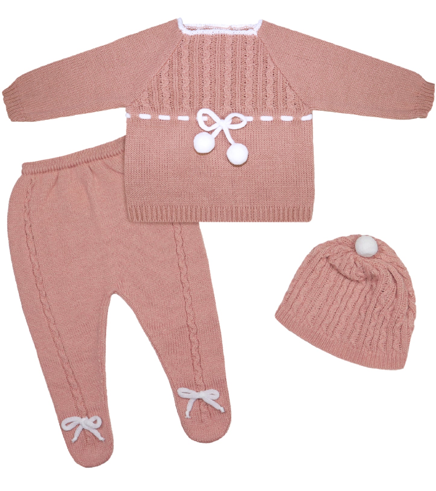 Baby Girls Knitted Clothes Set with Pompoms,  Rose/White)