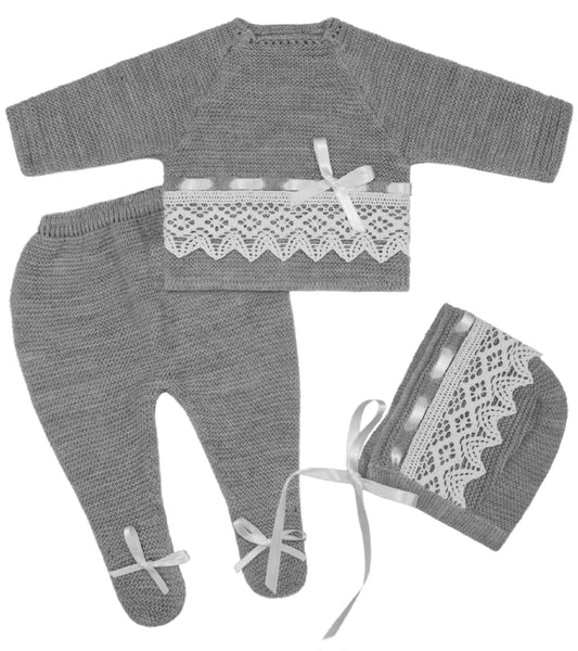 Baby Unisex Gray/White Lace 3-Piece Knitted Set