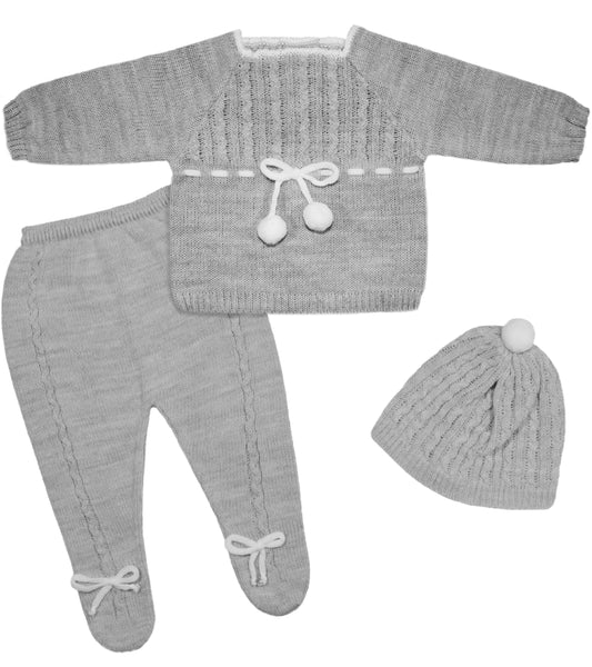 Baby Girls Knitted Clothes Set with Pompoms, (Gray/White)