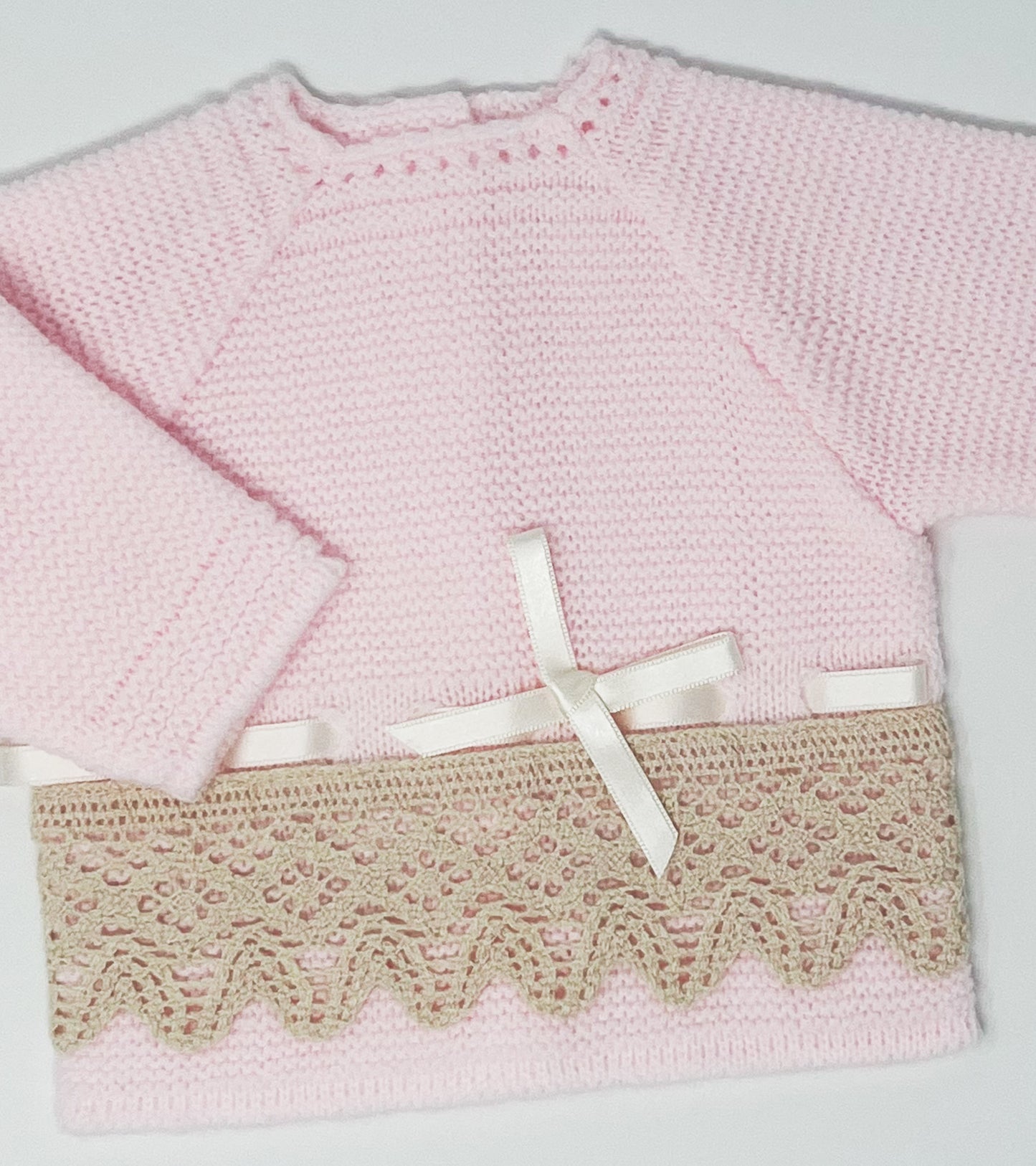 Baby Girls Knitted Clothes Set with Lace, (Pink/Beige)