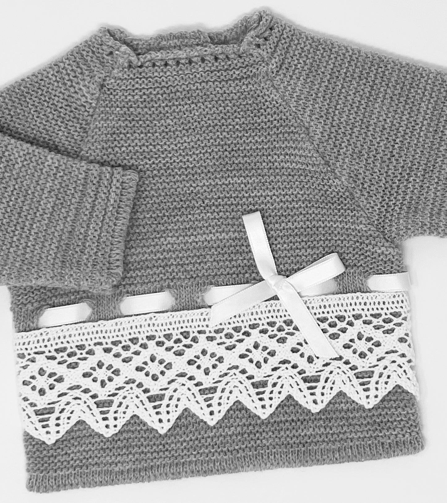 Baby Unisex Gray/White Lace 3-Piece Knitted Set