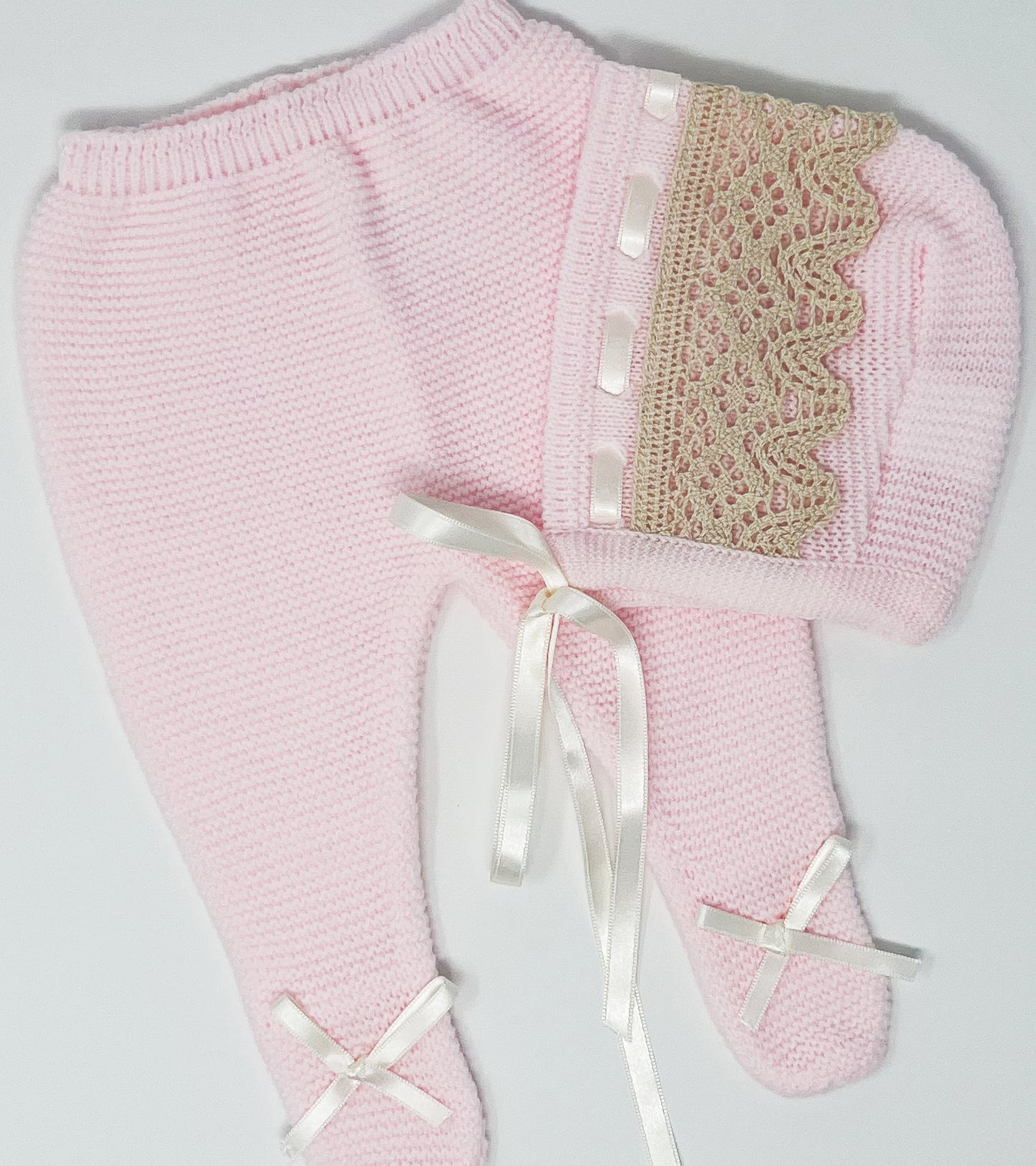 Baby Girls Knitted Clothes Set with Lace, (Pink/Beige)