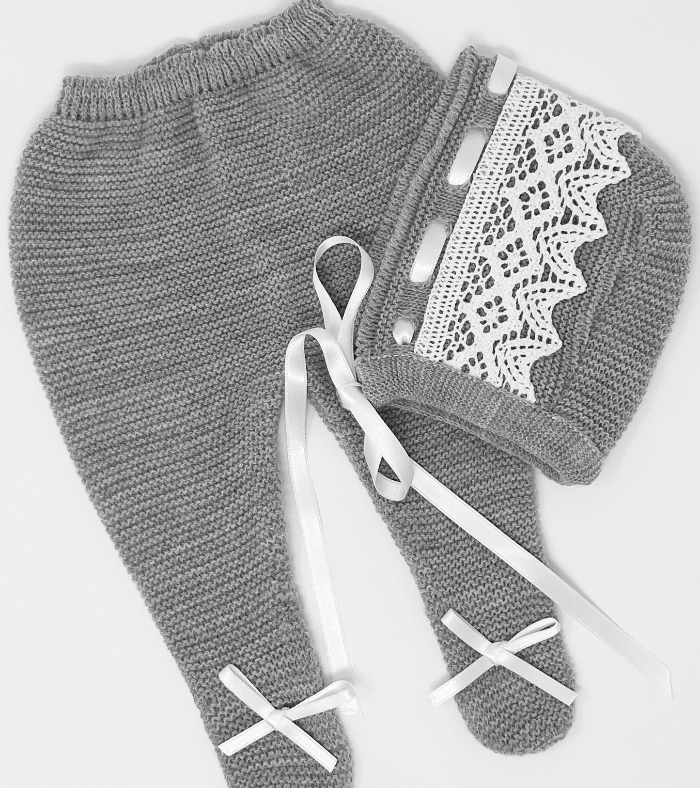 Baby Unisex Gray/White Lace 3-Piece Knitted Set