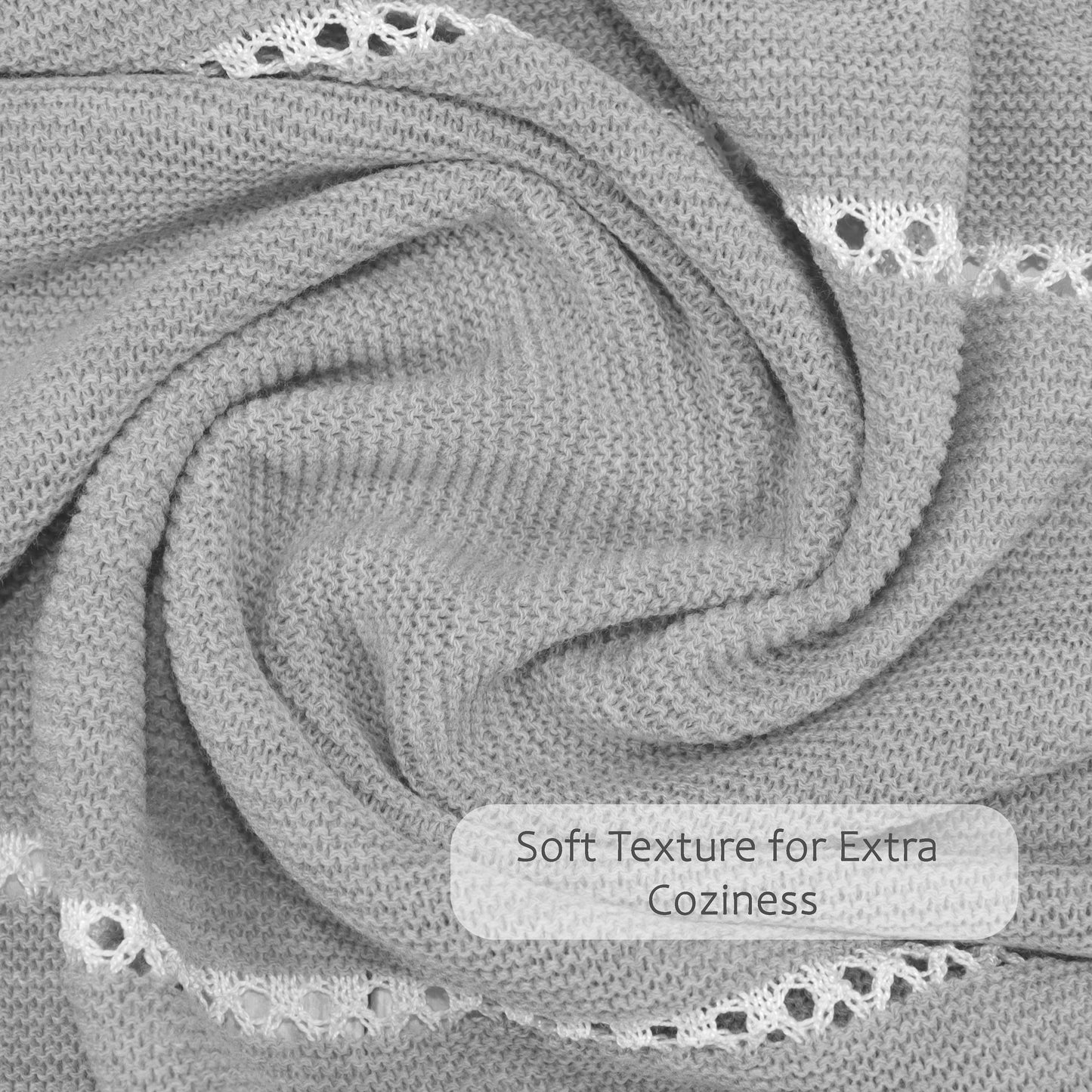 Baby Unisex Knitted Blanket with Lace, (Gray/White)