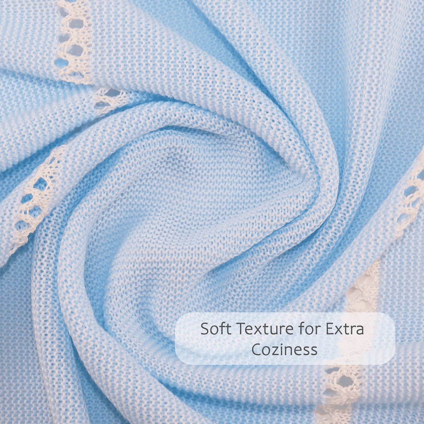 Baby Boys Knitted Blanket with Lace, (Blue/Beige)