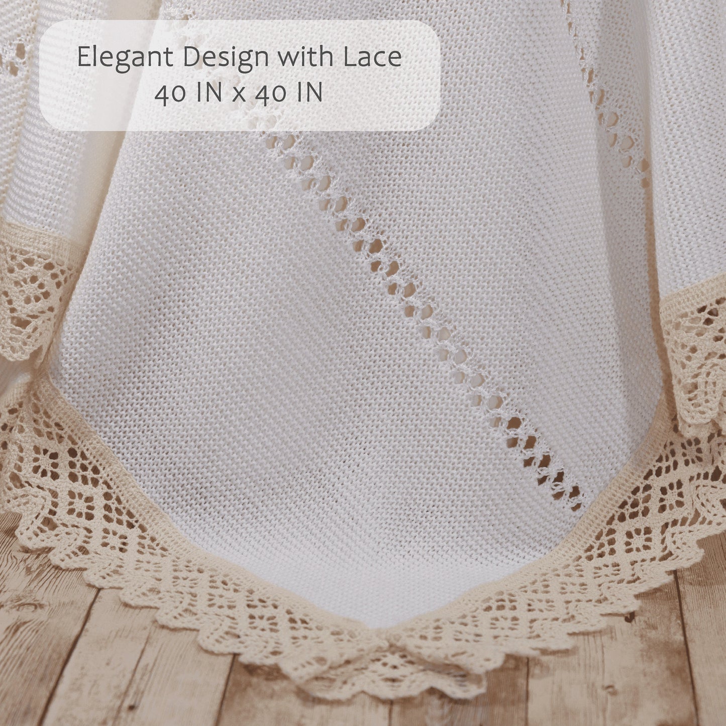 Baby Unisex Knitted Blanket with Lace, (Beige/Beige)