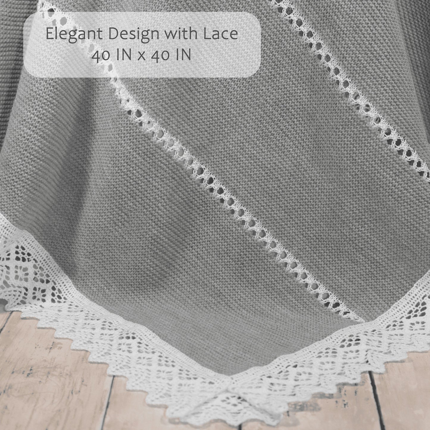 Baby Unisex Knitted Blanket with Lace, (Gray/White)