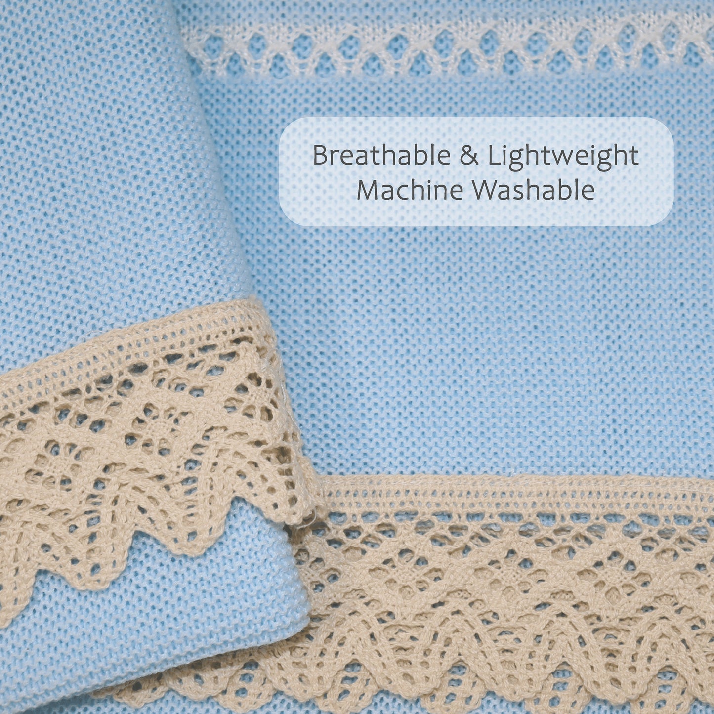 Baby Boys Knitted Blanket with Lace, (Blue/Beige)