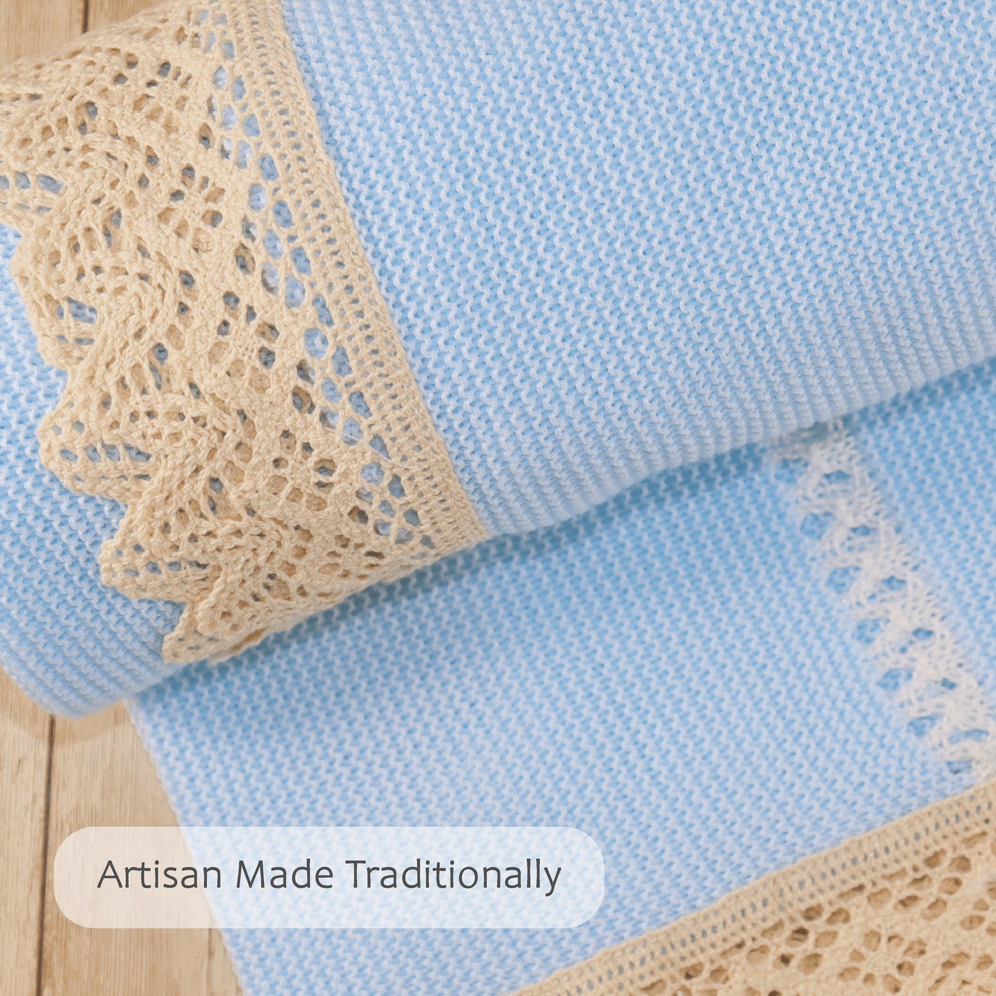 Baby Boys Knitted Blanket with Lace, (Blue/Beige)